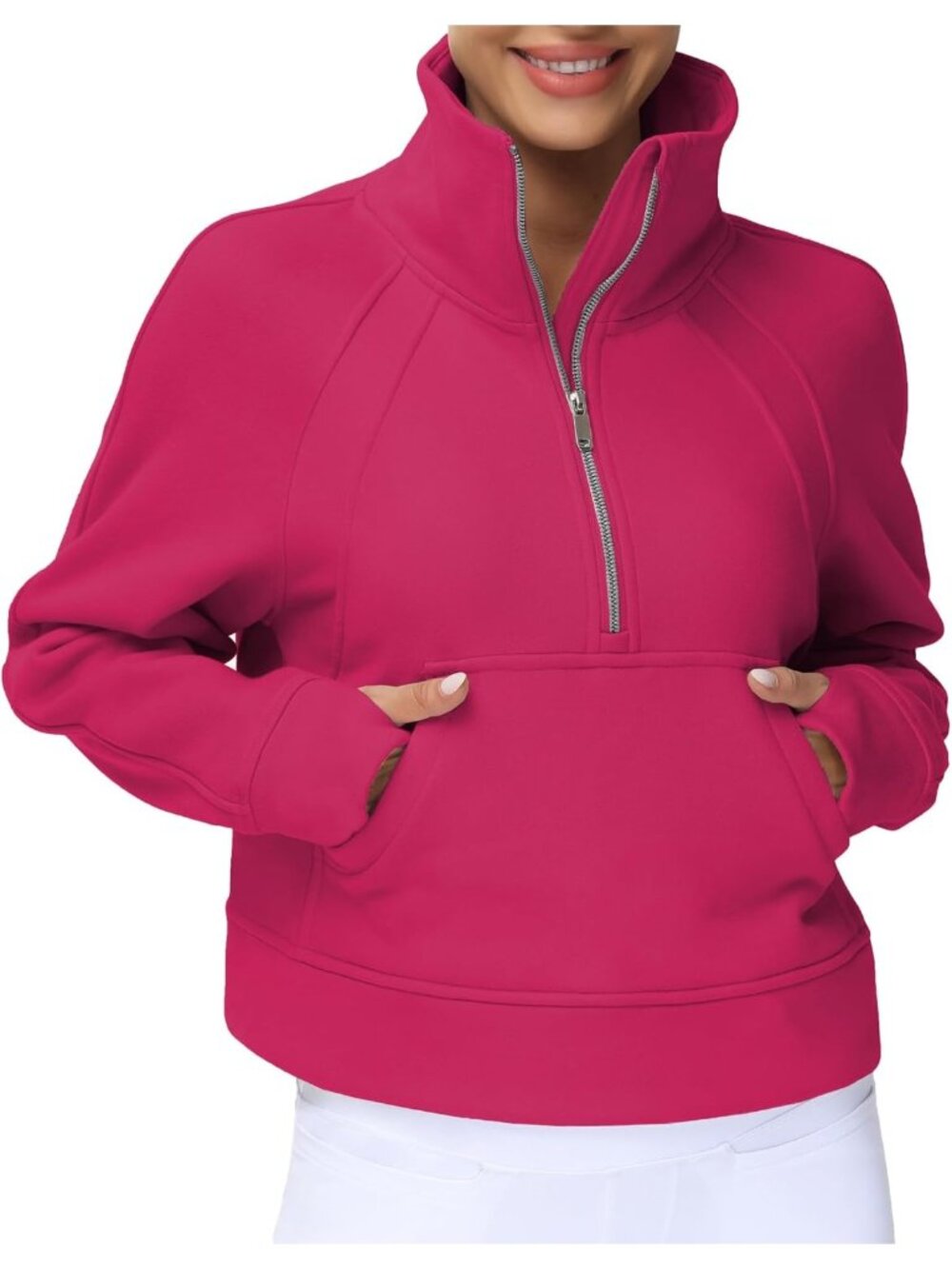 Women's Pink Fleece Lined Stand Collar Half Zip Thumb Holes Crop Sweatshirt